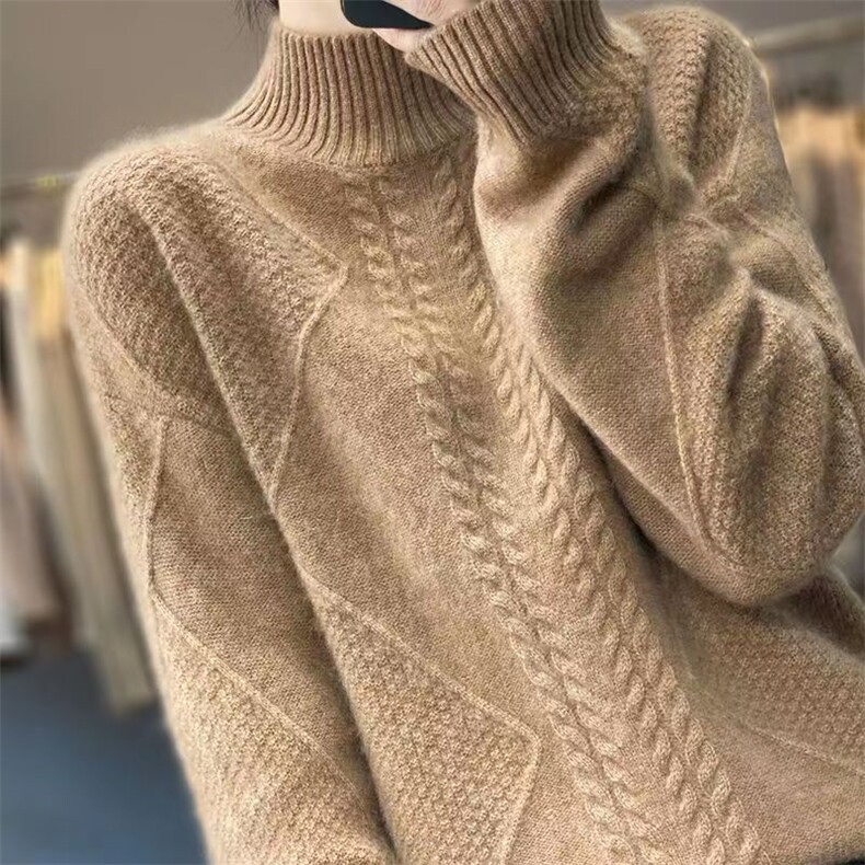 秋冬新款加厚100%羊毛衫女半高领针织扭花毛衣宽松百搭羊绒衫打底,女装羊毛衫,胜酷羊绒