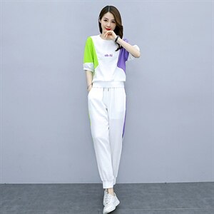 2021夏季新款简约时尚休闲气质圆领拼色舒适两件套图片