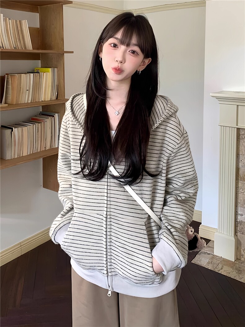 网图条纹连帽拉链外套男2026新款设计感宽松美式开衫卫衣特P68,女装短外套,电商C306-1