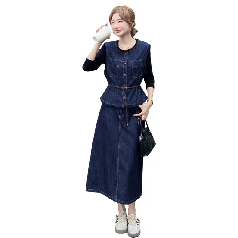 韩版通勤风时髦套装女2025秋季新款复古牛仔马甲上衣半身裙三件套,女装套装/套裙,1D102-1