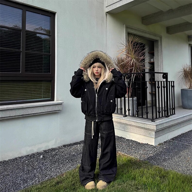 现货重磅boxy短款棉衣座山雕大毛毛领男女棉服水洗工装厚外套,男装棉衣,电商A443