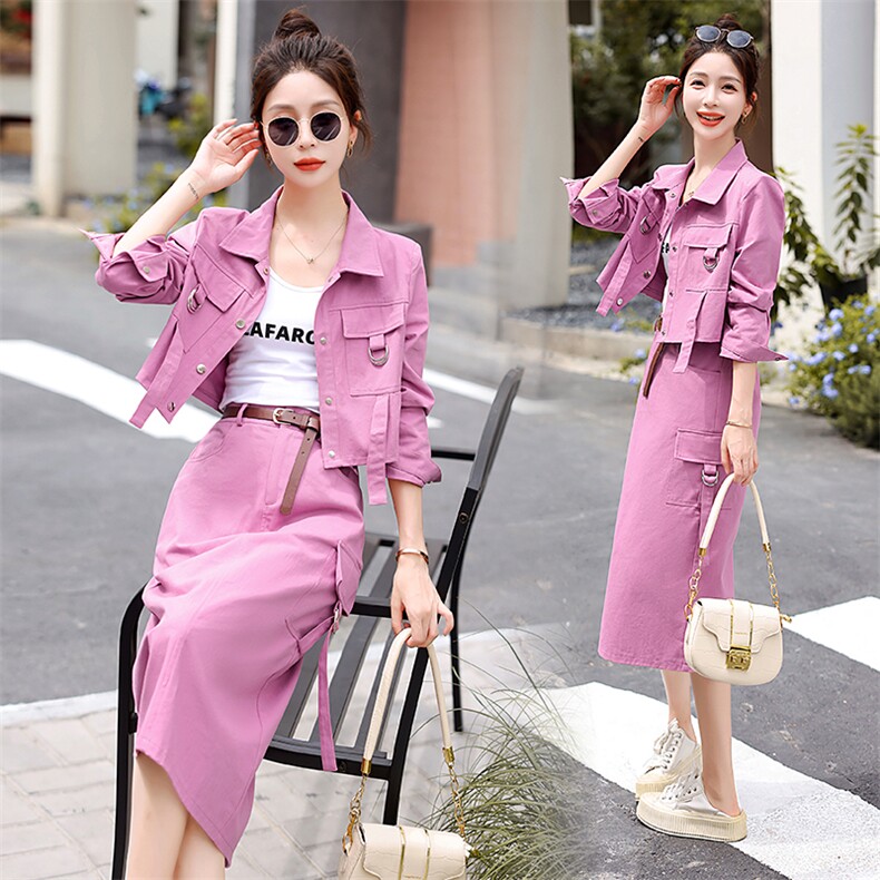 高级感牛仔工装套装女春秋轻奢小香风显瘦夹克短外套半身裙两件套,女装套装/套裙,冬木谷雨