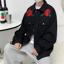 单排扣牛仔夹克长袖宽松型潮翻领玫瑰刺绣牛仔外套BW28P65，男装夹克，星座1116-2