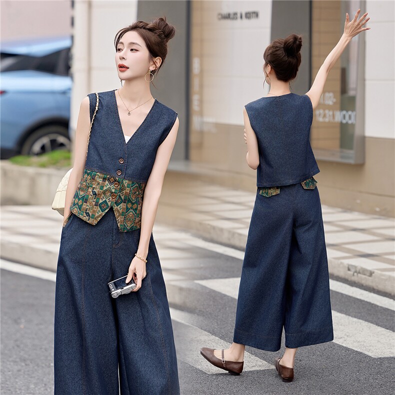 现货牛仔套装2026年夏季新款女装时尚气质老钱马甲阔腿裤两件套，女装套装/套裙，关键词