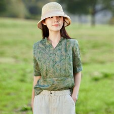 苎麻文艺风2026年春季女短袖亲肤透气，女装衬衫，江南依恋