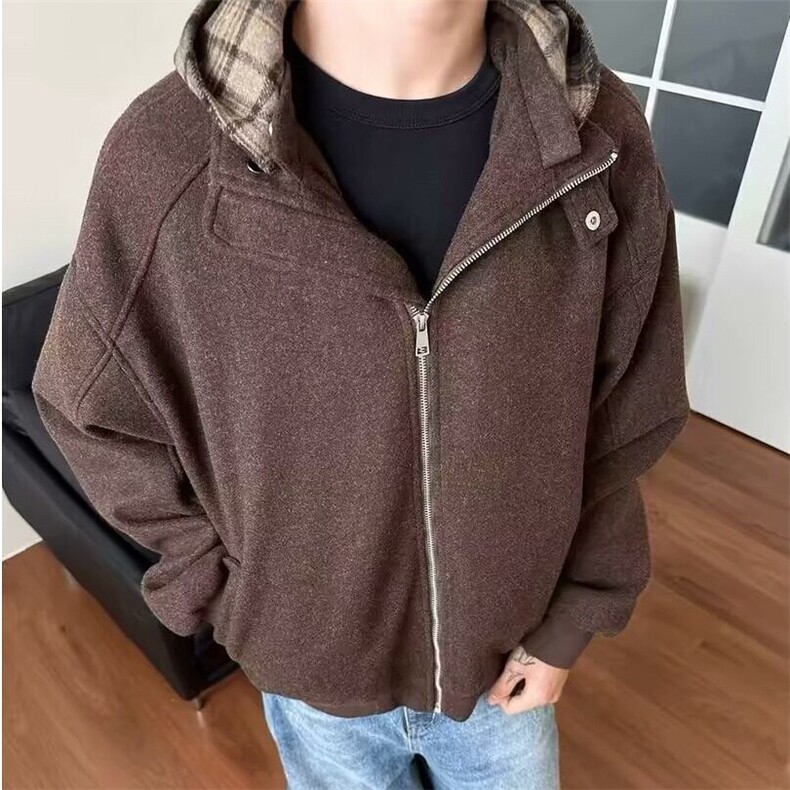 秋冬季新款美式复古街头假两件格子连帽拉链棉服男女宽松百搭外套,男装棉衣,星座1001-1