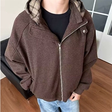 秋冬季新款美式复古街头假两件格子连帽拉链棉服男女宽松百搭外套，男装棉衣，星座1001-1