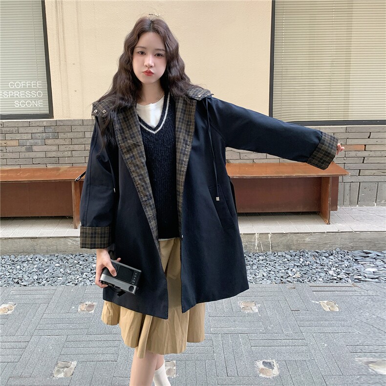 黑色韩版宽松显瘦格子拼接风衣女2025秋季新款小个子休闲穿搭外套,女装风衣,2C306