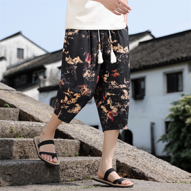 棉麻薄款七分裤男水墨印花风休闲裤宽松小脚A266-1-KZ772-P50图片