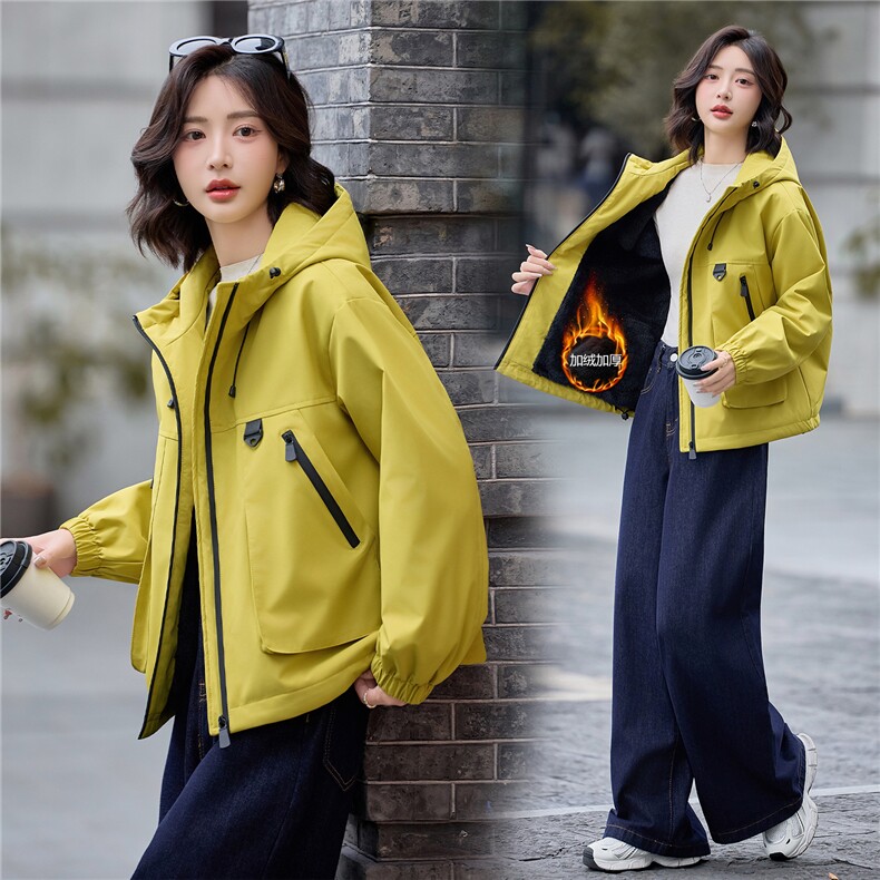 工装风休闲连帽加绒加厚短外套女2025秋冬新款宽松显瘦保暖派克服,女装短外套,依路服饰
