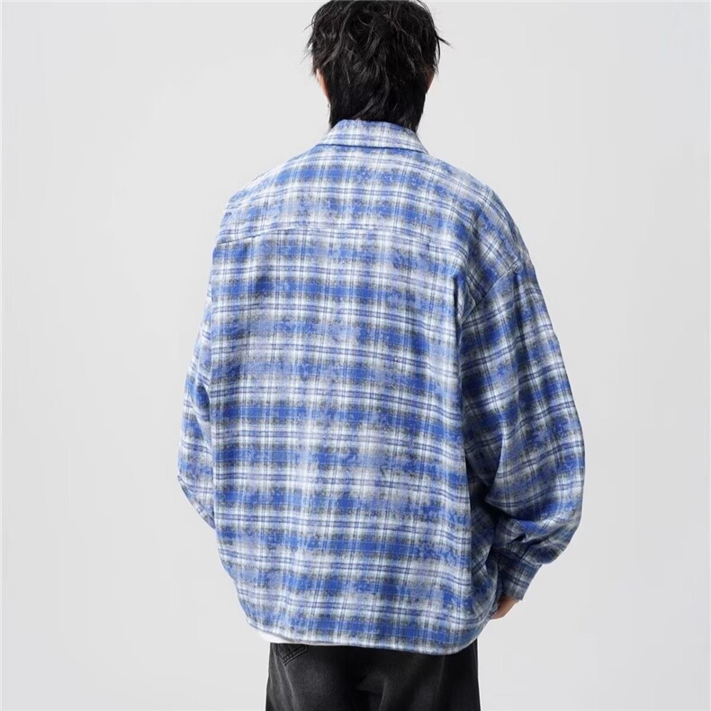 1506/QC5310/P44扎染长袖格子衬衫男装春秋衬衫外套ins超火潮流,男装衬衫,星座1506