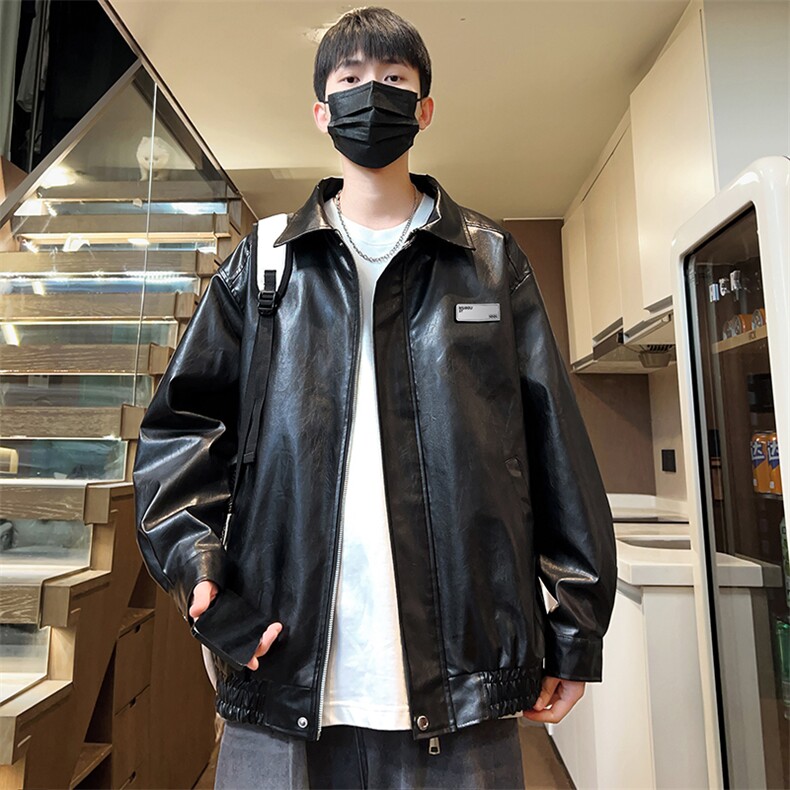 男士皮夹克翻领秋季潮皮衣宽松贴标外套茄克A266-PY006-P80控138图片