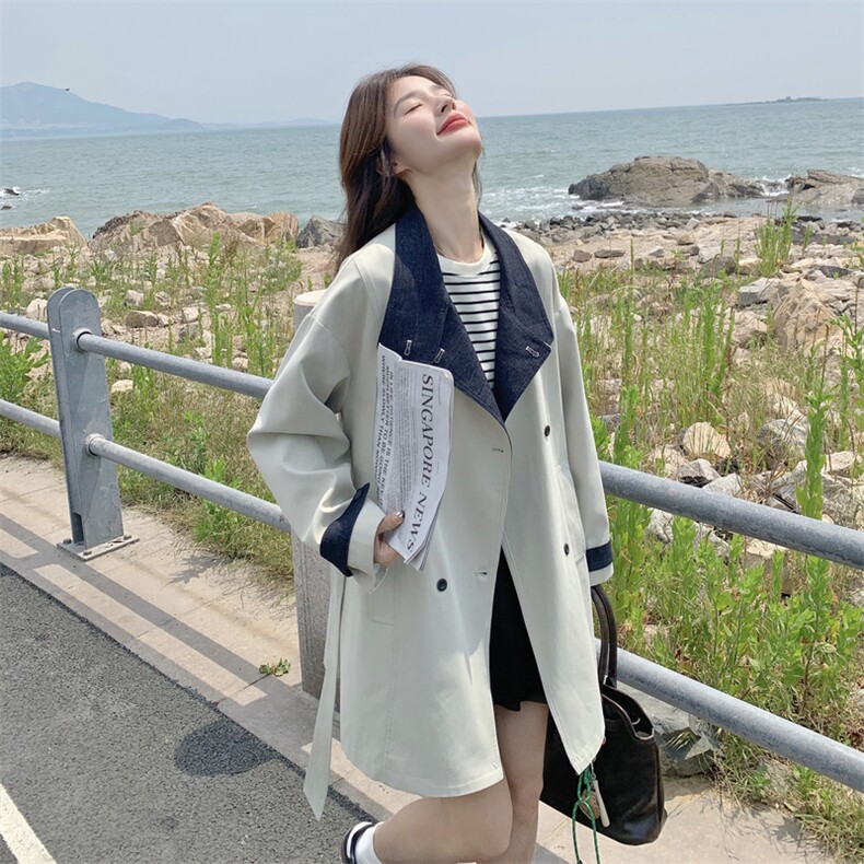 韩系高级感米白色风衣外套女2025年春秋季新款显瘦撞色中长款大衣,女装短外套,2C230