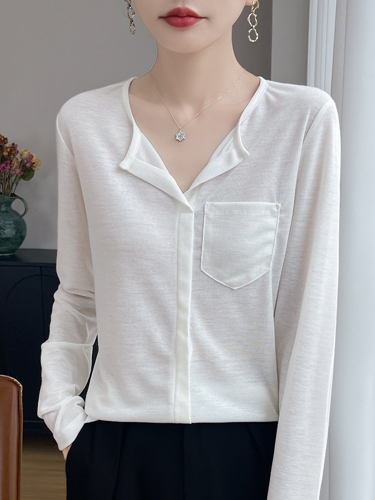 2025秋冬百搭时尚简约V领口袋打底衫加厚，女装针织衫/毛衣，羊特美羊绒