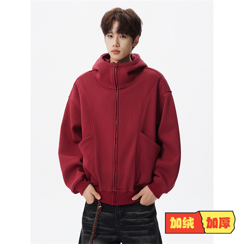 8XL-M 休闲复古潮美式重磅连帽宽松安克拉红色卫衣外套WY34P8图片