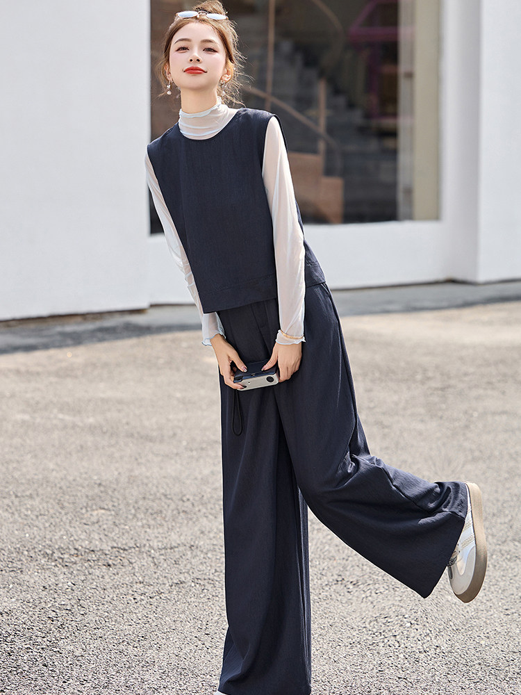气质通勤女马甲小衫阔腿裤三件套时尚套装春装新款高级感,女装套装/套裙,秀美人生