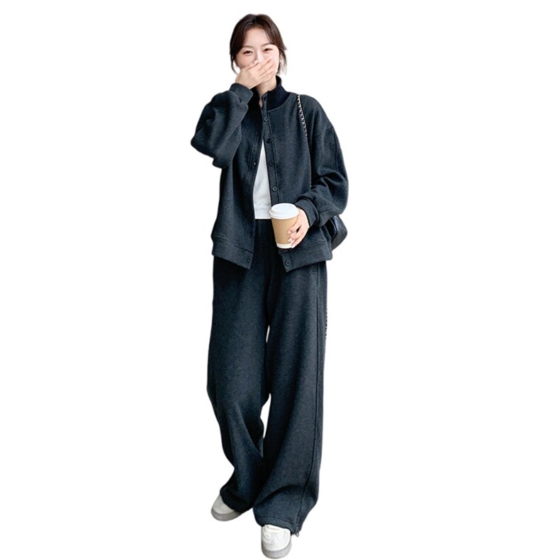 灰色松弛感加绒加厚立领卫衣两件套女2025冬季新款学院风显瘦卫裤,女装套装/套裙,艾米莉亚