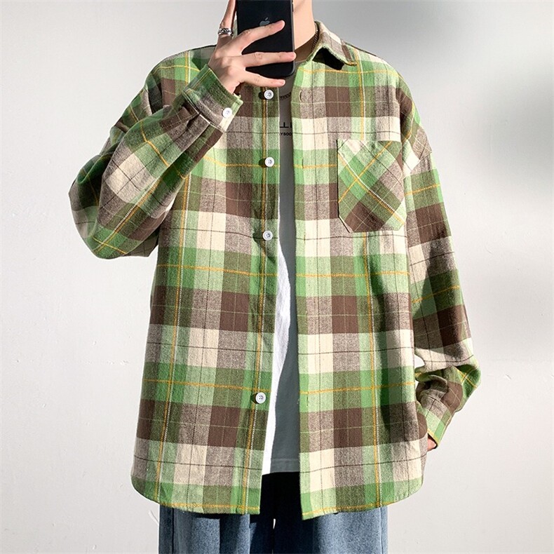 秋季潮牌格子衬衫男宽松大码长袖2025新款美式复古学生青少年CS04，男装衬衫，星座516A