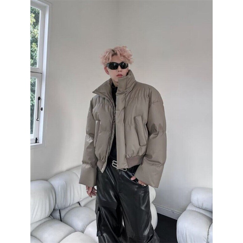 THREENINE短款加厚棉服男冬高级感立领PU皮夹克棉衣袄子保暖外套图片