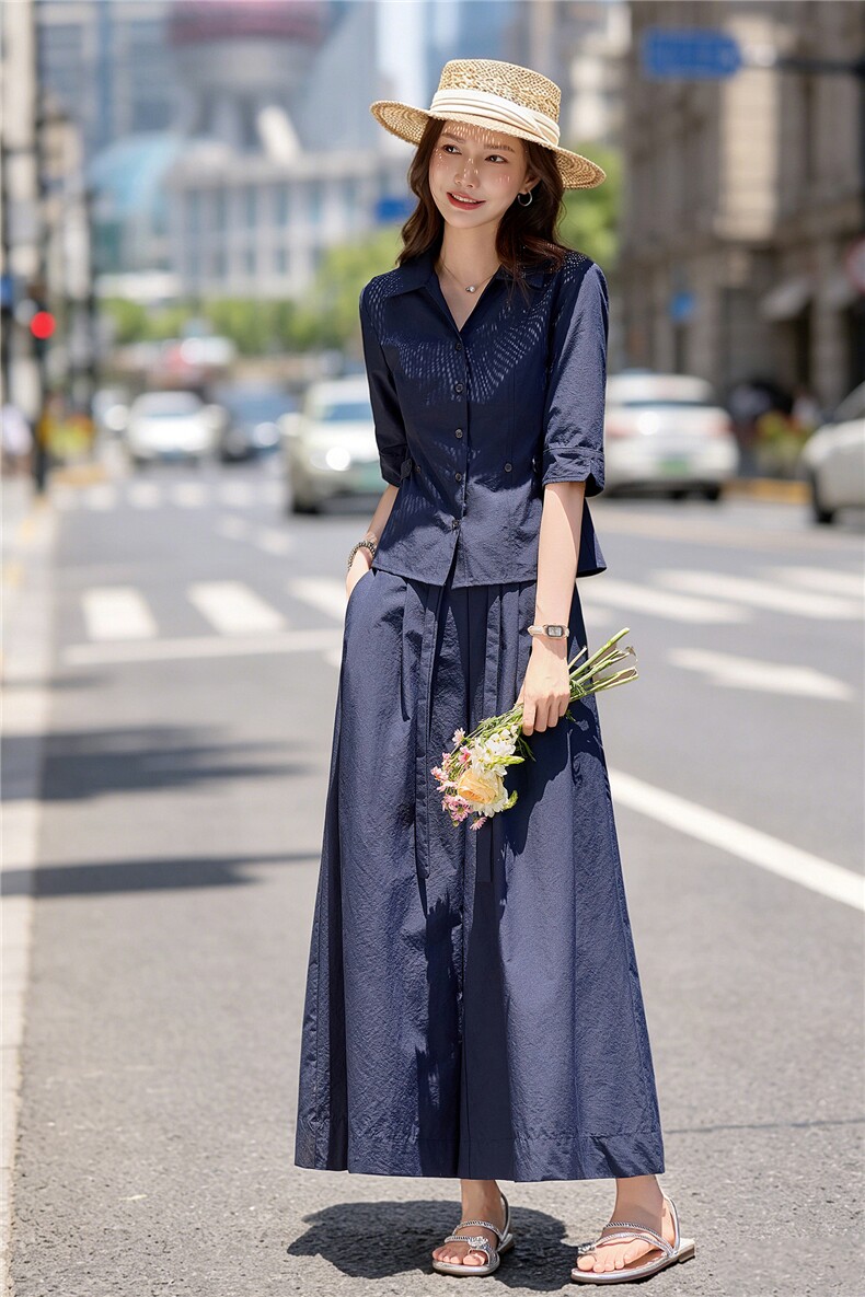 气质大方得体裙裤套装女2026夏新款时尚减龄V领职场风两件套,女装套装/套裙,水衣源