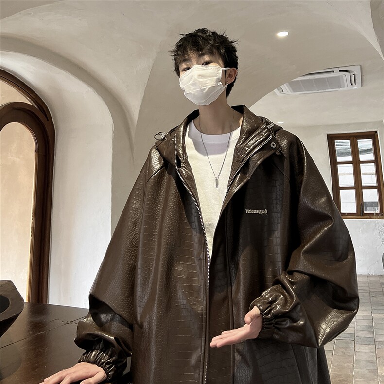 港风连帽大码大皂风夹克男鳄鱼纹皮衣冲锋衣夹克男JK8744P90控128,男装夹克,星座226-1