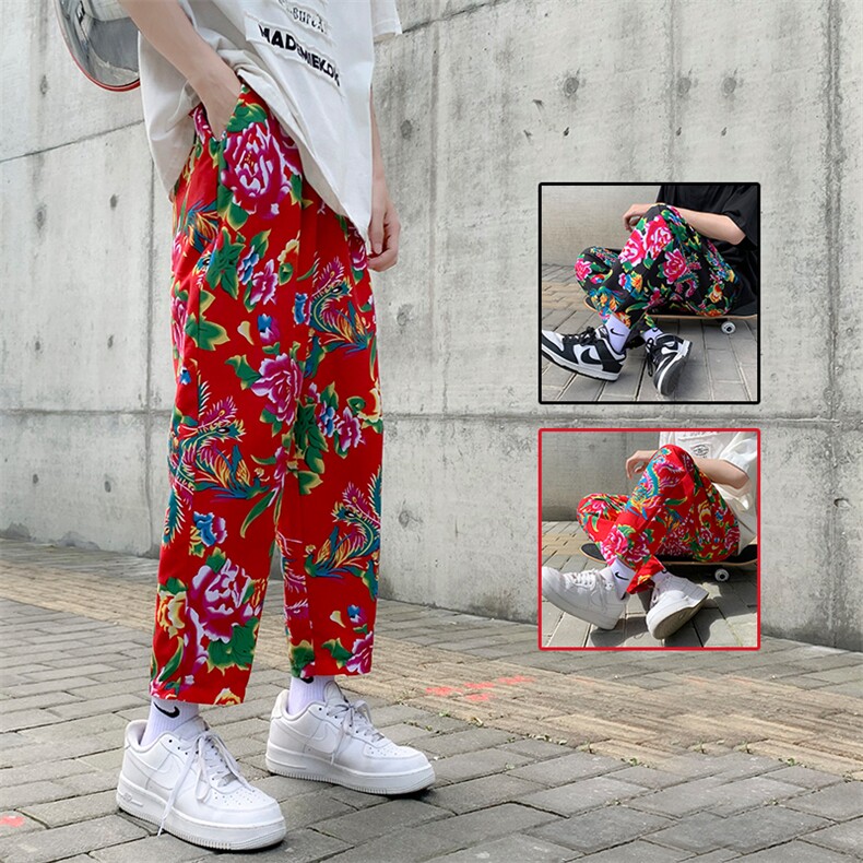 XK01东北大花风休闲小西裤九分民族风牡丹花修身潮男装裤，男装休闲裤，星座115A(原星座507）