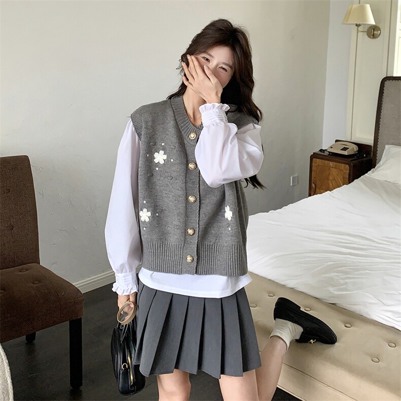 法式复古小香风套装女2025春秋季新款花朵针织马甲白色衬衫两件套,女装马甲,维壹