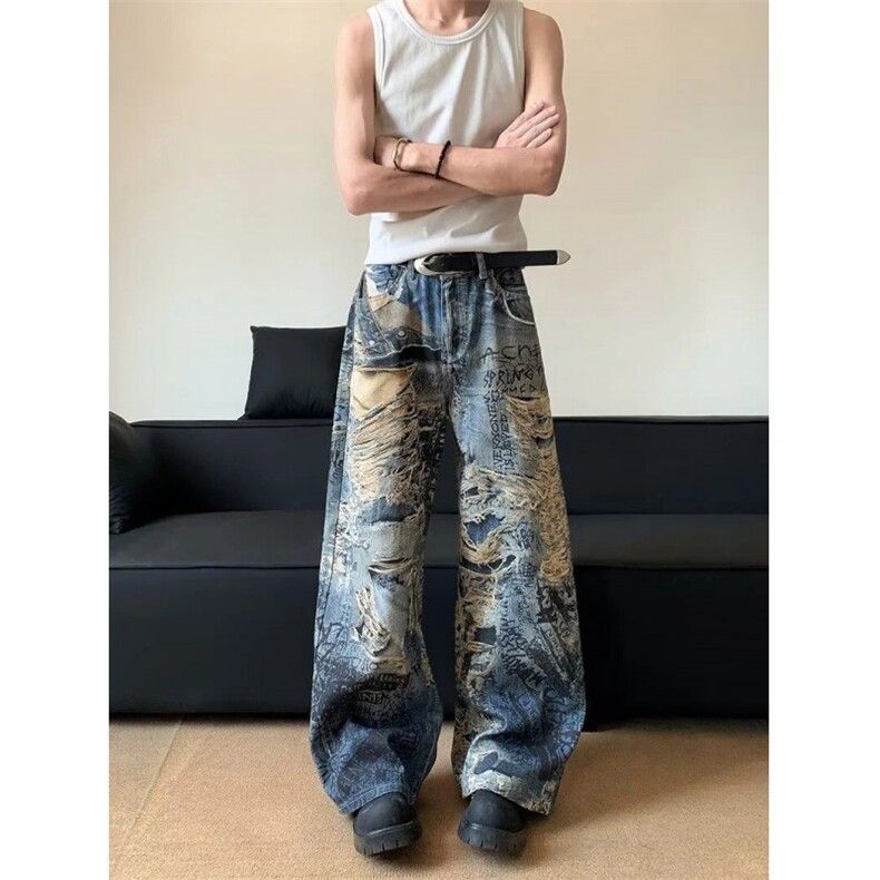 【XZ-1112-1】美式高街复古大破洞弯刀牛仔裤男P53YW9103，男装牛仔裤，星座1112-1