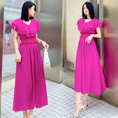 雪纺连衣裙女2023夏季新款时尚气质洋气收腰显瘦薄款荷叶边a字裙，女装连衣裙，火爆靓佳人