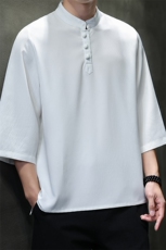 2025新款夏季风纯色立领上衣盘扣休闲T恤宽松潮流男T2505-P45，男装T恤，电商A008