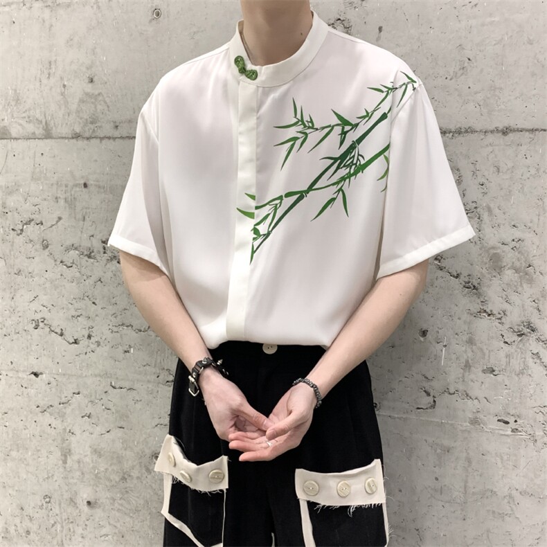 夏装新中式小众明星同款竹子冰丝印花短袖衬衫男女大码长袖衬衣,男装T恤,星座909