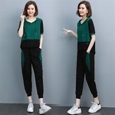 时尚运动套装女2025年夏季新款女装韩版宽松休闲八分阔腿裤两件套，女装套装/套裙，江忆布依