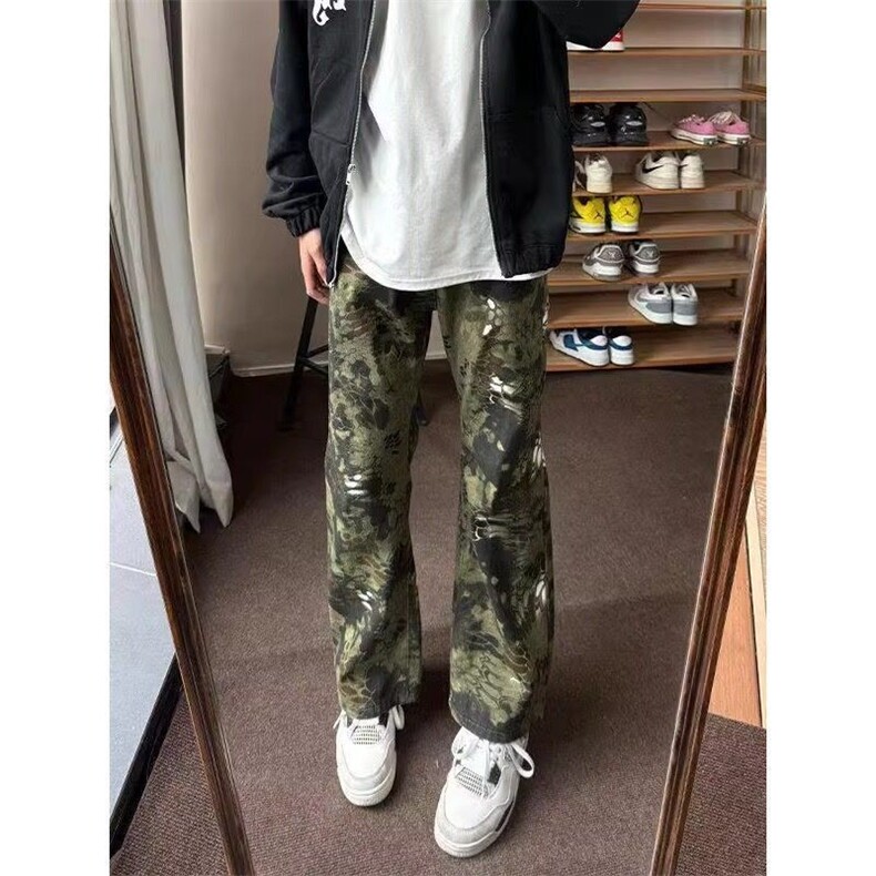 美式迷彩微喇工装裤男款休闲复古蛇纹子弯刀窄版修身显高长裤图片