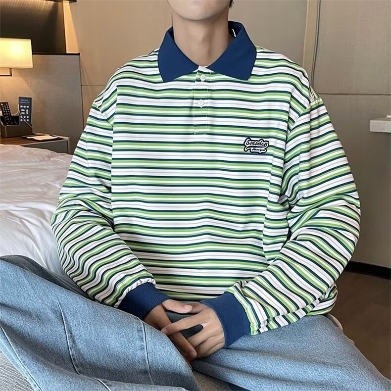 polo衫男条纹韩版潮流2023秋冬季新款ins宽松百搭帅衬衫W3281-P33,男装Polo衫,星座412-2