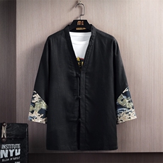 风男装T恤夏季棉麻七分袖开衫上衣薄款盘扣A266-1-T159-P40，男装T恤，电商A266-1