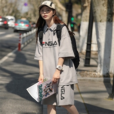 中性风夏季短袖T恤短裤两件套女情侣半袖POLO衫运动套装6623-P60，男装Polo衫，电商A441-1