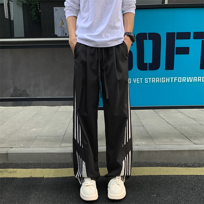 条纹运动裤子男生春秋季织带拼接设计感学生潮牌宽松直筒休闲长裤，男装休闲裤，电商A022