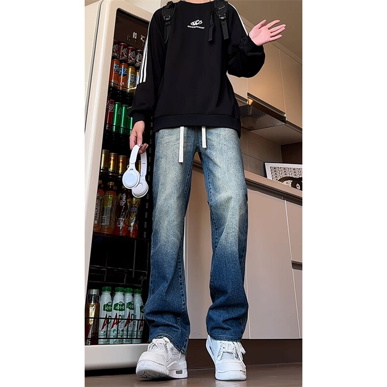 GENIOLAMODE美式复古风牛仔裤男士秋季新款水洗做旧直筒阔腿裤子,男装牛仔裤,电商B221