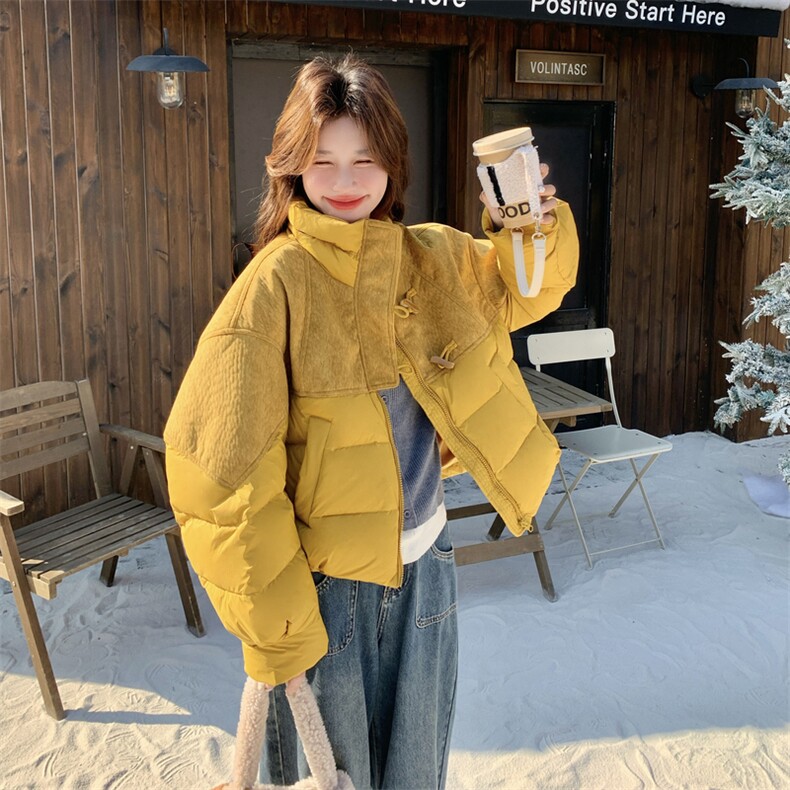 黄色牛角扣拼接羽绒服女2025新款短款小个子立领90绒加厚百搭外套,女装羽绒服,维壹