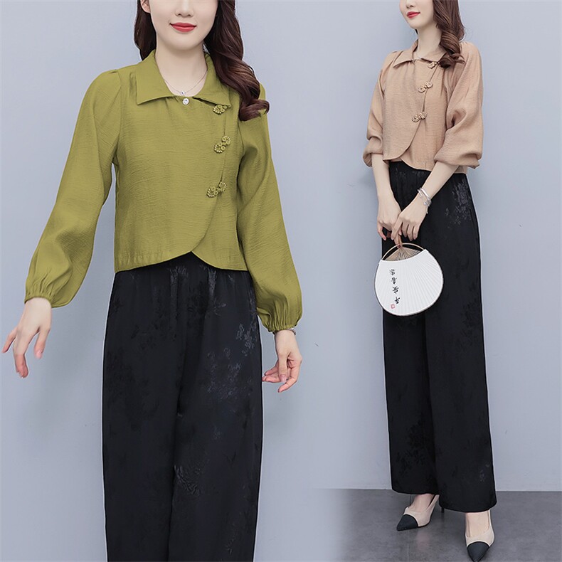 芷墨新款时尚复古俩件套套装中式盘扣上衣裤子套装改良日常汉服女,商品下架区,芷墨服饰