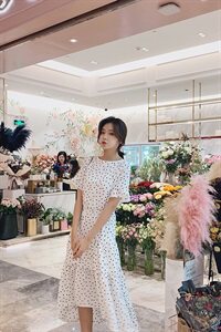 现货，不规则波点复古桔梗前短后长连衣裙 852- 图片