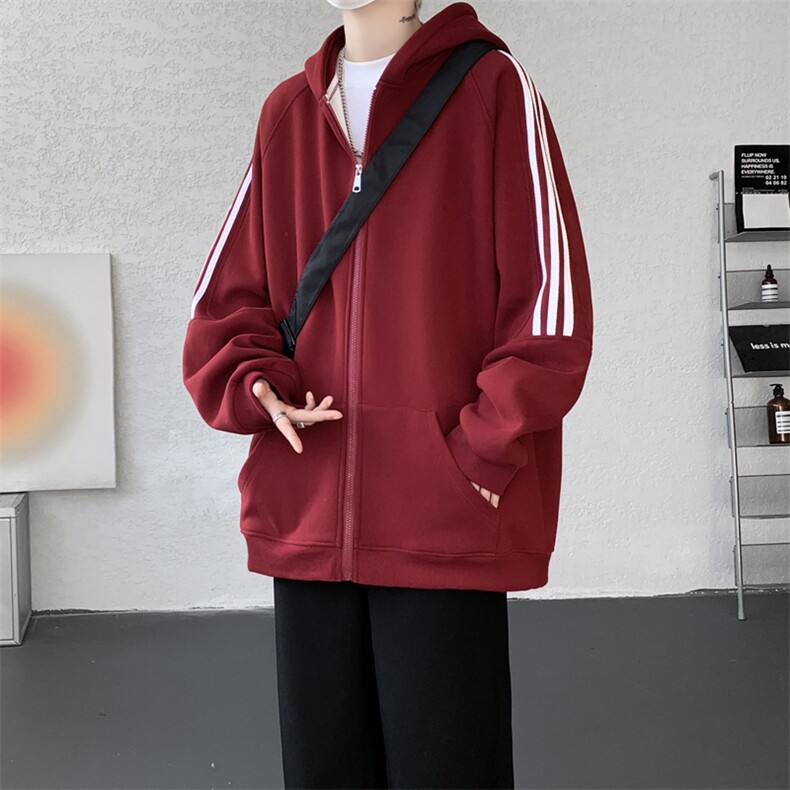 8XL-M秋冬美式运动三条杠条纹开衫卫衣连帽特大码宽松JK5206/P65,男装卫衣,电商B238