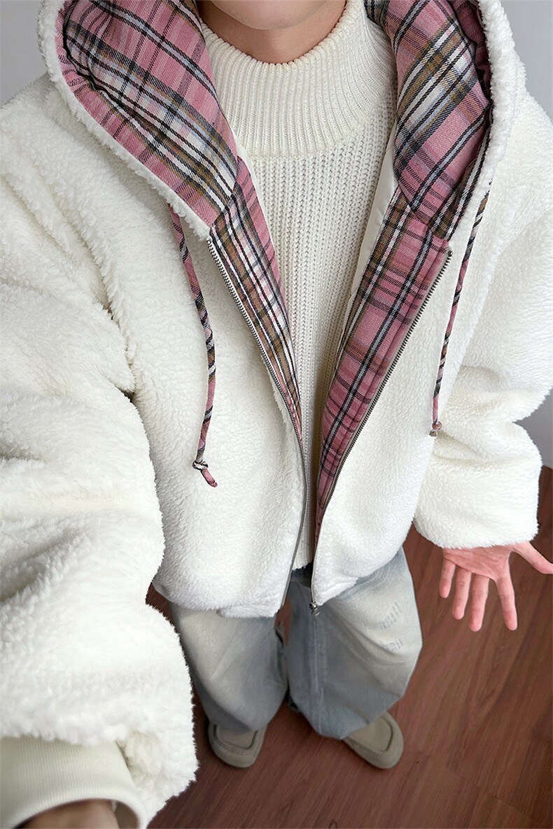 冬季羊羔毛美式拼接格纹外套加厚保暖棉衣男D51205-TP95178,男装棉衣,电商A102