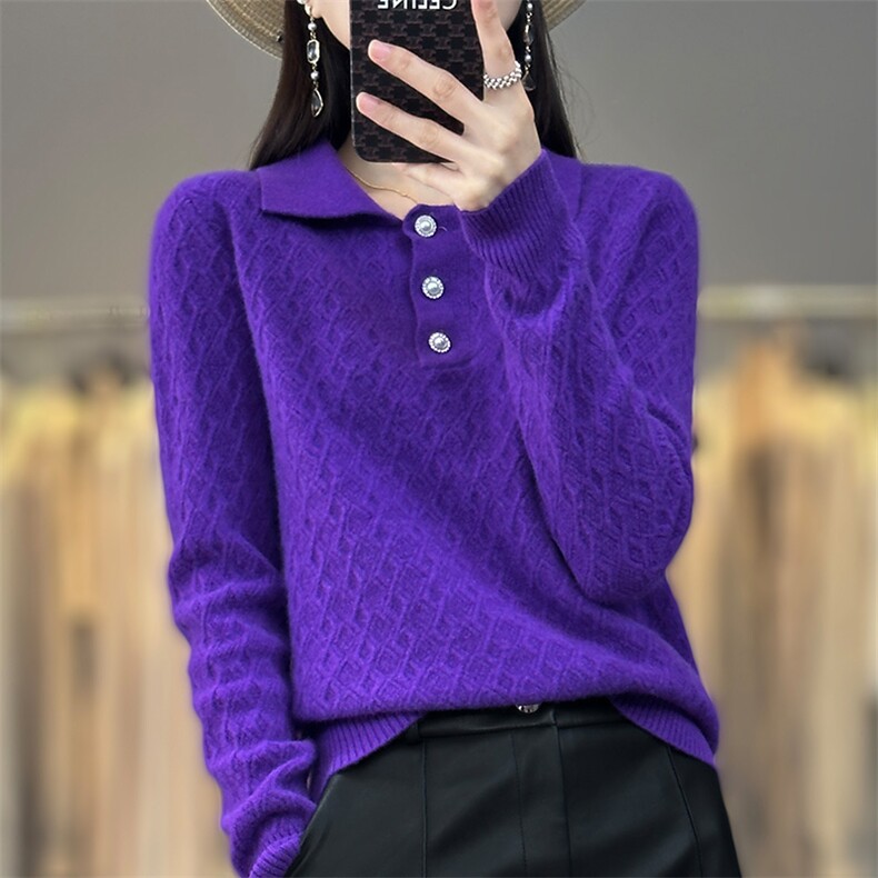 优雅气质秋冬必备高级简约经典翻领羊毛衫，女装羊毛衫，魅途羊绒