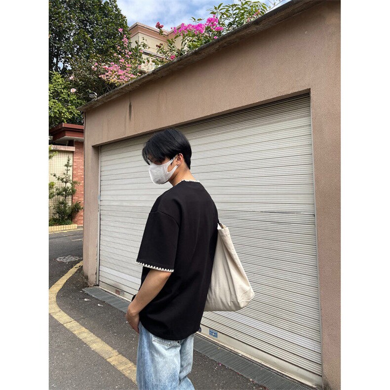 抖音得物二开240克宽松纯棉美式高街痞帅贝壳绣花工艺短袖T恤,男装T恤,电商A486