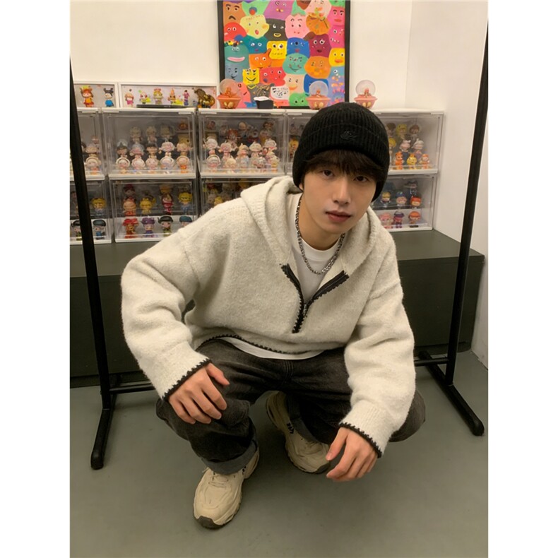 美式半拉链连帽套头针织衫秋冬外穿慵懒风宽松帽衫毛衣潮MY9588,男装针织衫/毛衣,星座208-5