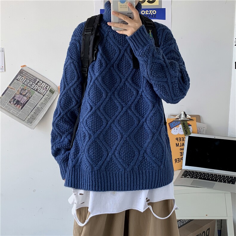 秋冬韩版情侣高领毛衣宽松潮流男女麻花加厚针织衫T819-P88图片