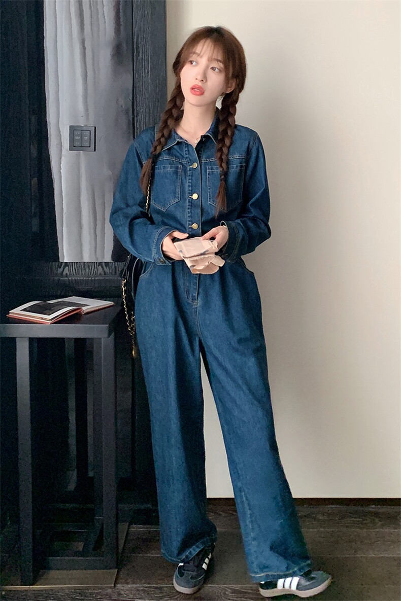 港风蓝色复古牛仔连体裤女2025春秋季新款韩版高腰休闲显瘦连衣裤,女装连体裤,新思路