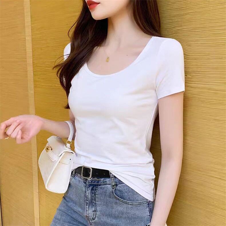 正肩水滴U领白色短袖T恤女修身显瘦春夏小众低领打底全棉短款上衣,女装T恤,春韵羊绒