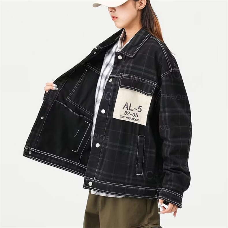 牛仔夹克工装口袋中性字母印花条纹贴布外套大码M-4XLJK8037P65,男装夹克,星座1013-1